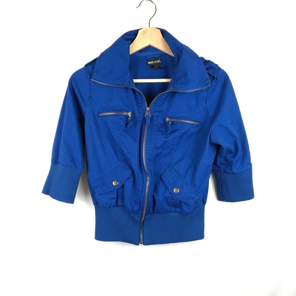 Wet Seal Cotton Blue Zip Up Bomber Cropped Sleeve